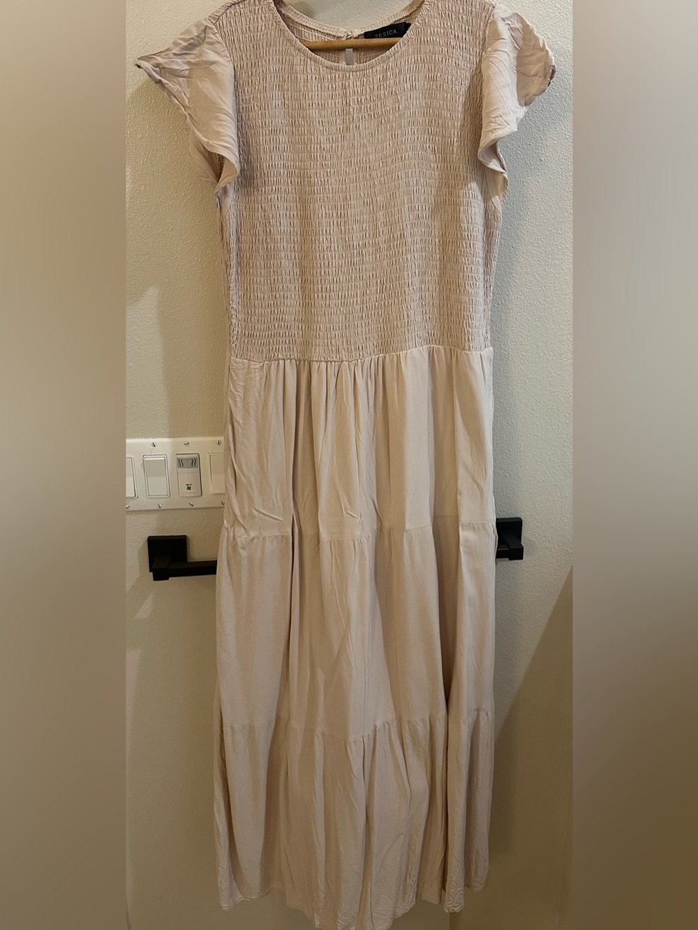 Smocked Bodice Maxi Dress in Mid Peach/Light Beige